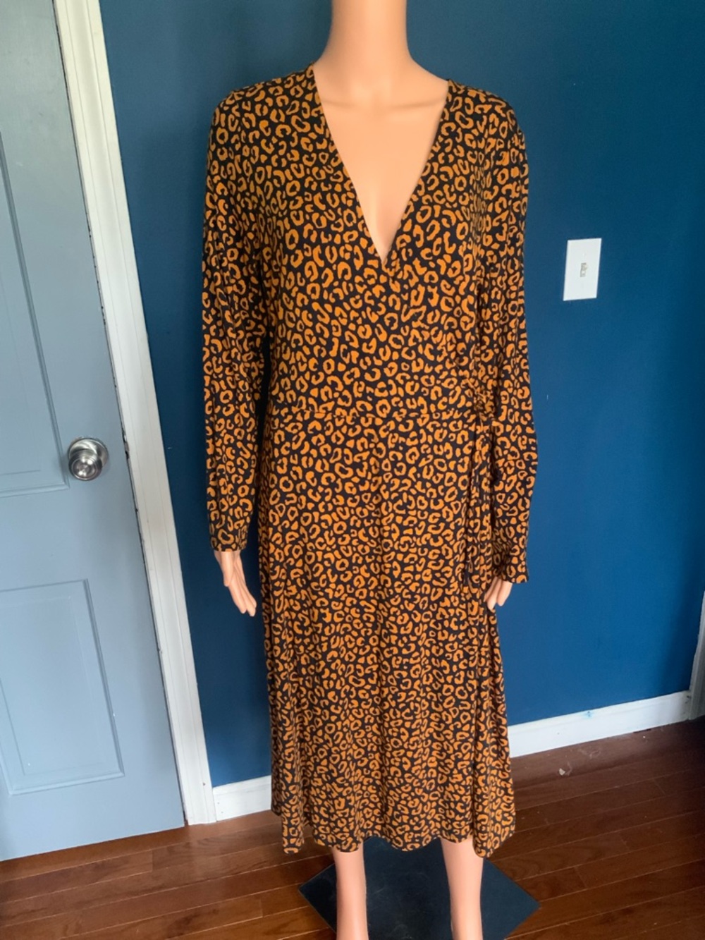 Long Sleeve Black and Rust Leopard Print Wrap Dress